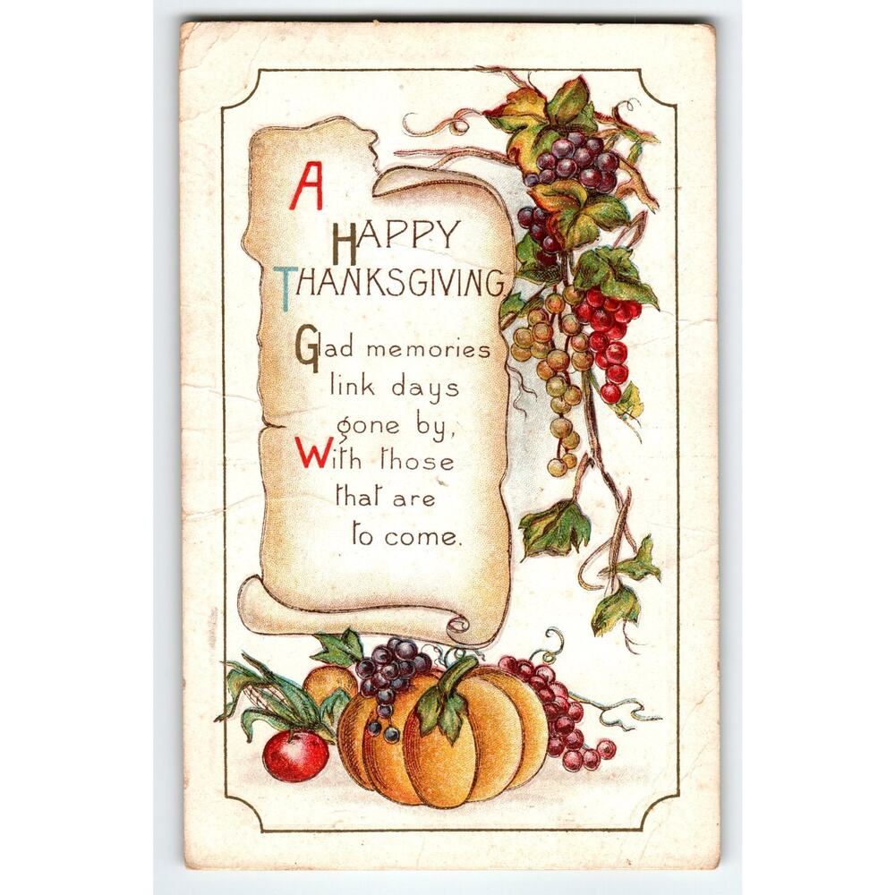 Vintage Thanksgiving Postcard with Autumn Harvest Lithograph 1918